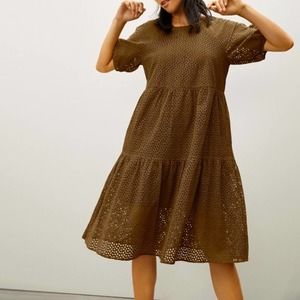 Everlane EUC The Tiered Eyelet Midi Dress in Brown S